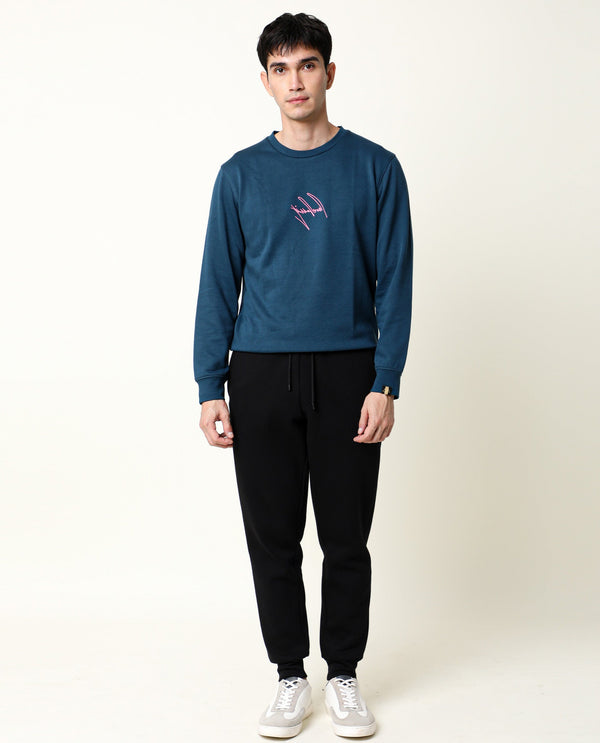 Rare Rabbit Mens Neos Petrol Cotton Polyester Fabric Crew Neck Full Sleeves Regular Fit Sweatshirt