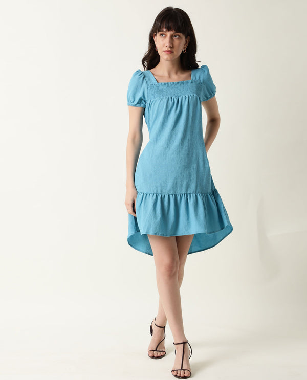 Rareism Women Empress Blue Smoked Square Neck Puff Sleeves With Fabric Waist Belt And Pockets High Low Dress