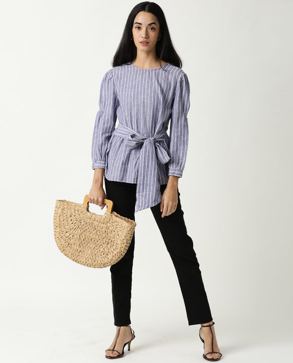 Rareism Womens Livia Blue Top Cotton Linen Fabric Regular Fit Volume Sleeve Round Neck