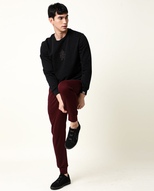 Rare Rabbit Men's Neor Black Cotton Polyester Fabric Full Sleeves Embroidered Branding Sweatshirt