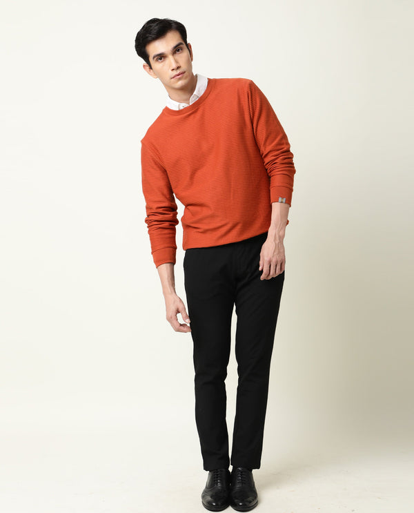 Rare Rabbit Men's Earl Rust Cotton Fabric Full Sleeves Textured Knitted Sweatshirt