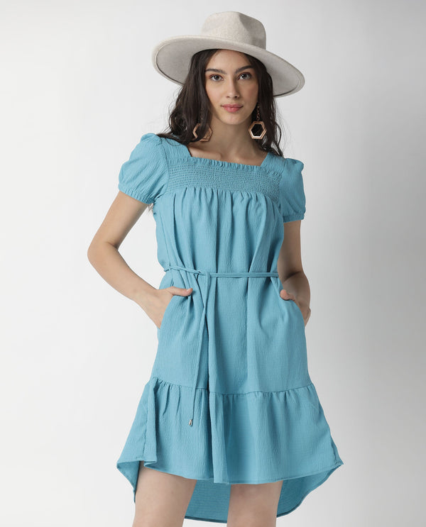 Rareism Women Empress Blue Smoked Square Neck Puff Sleeves With Fabric Waist Belt And Pockets High Low Dress