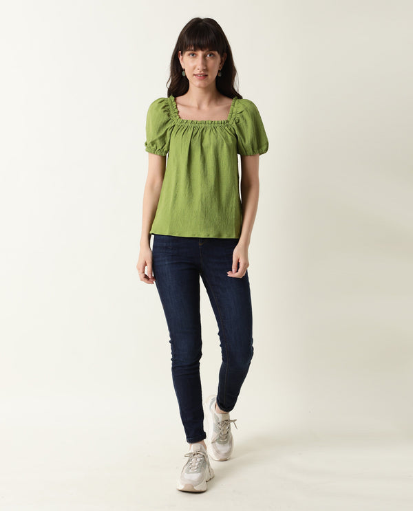 Rareism Women Swag Green Cotton Lycra Fabric Tailored Fit Square Neck Half Sleeves Solid Top