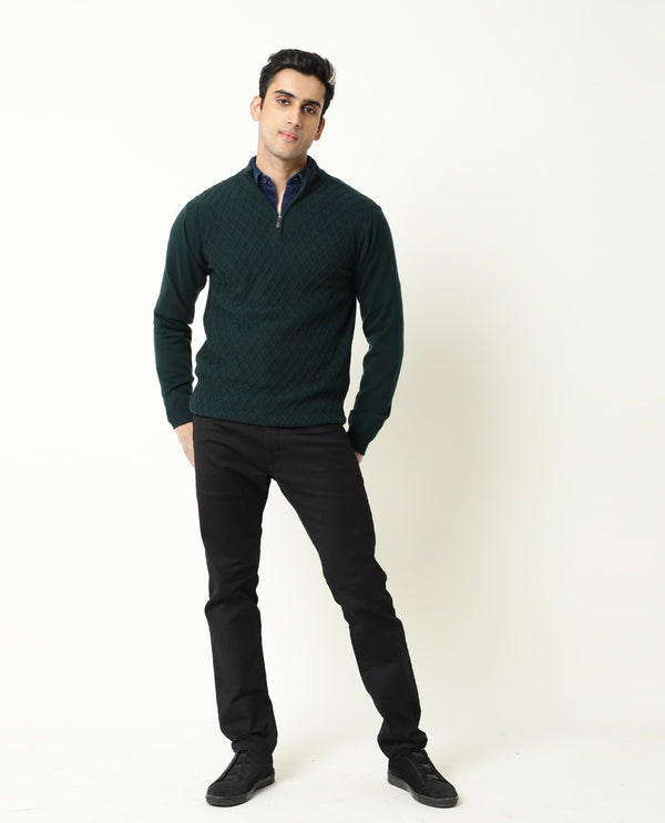 Rare Rabbit Men'S Troyer Green Pullover Cotton Fabric Round Neck Full Sleeves Zipper Closure Slim Fit