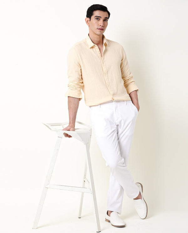 Rare Rabbit Men's Layers Beige Cotton Double Layer Seer Sucker Fabric Full Sleeves Solid Shirt