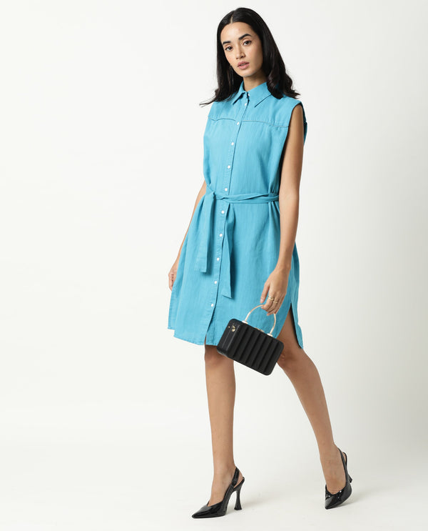Rareism Women Zolaa Blue Shirt Collar Front Packet With Buttons Fabric Waist Belt And Side Slit Knee Length Dress