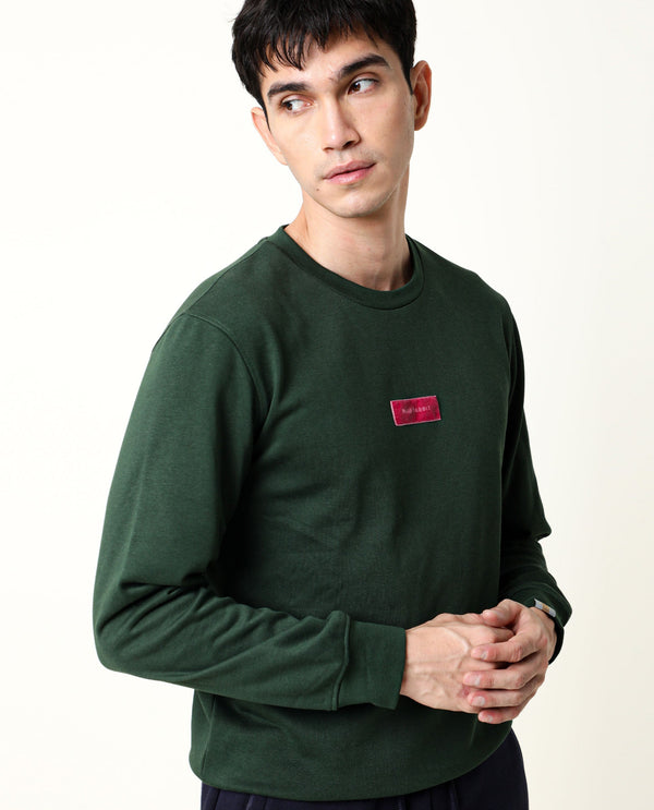 Rare Rabbit Men's Velveto Green Cotton Polyester Fabric Full Sleeves Velvet Branding Knit Sweatshirt