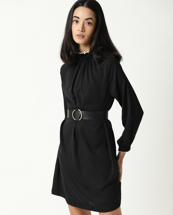 Rareism Women Spoke Black Ruffled Round Neck With Full Sleeves Back Button Closure Mini Dress