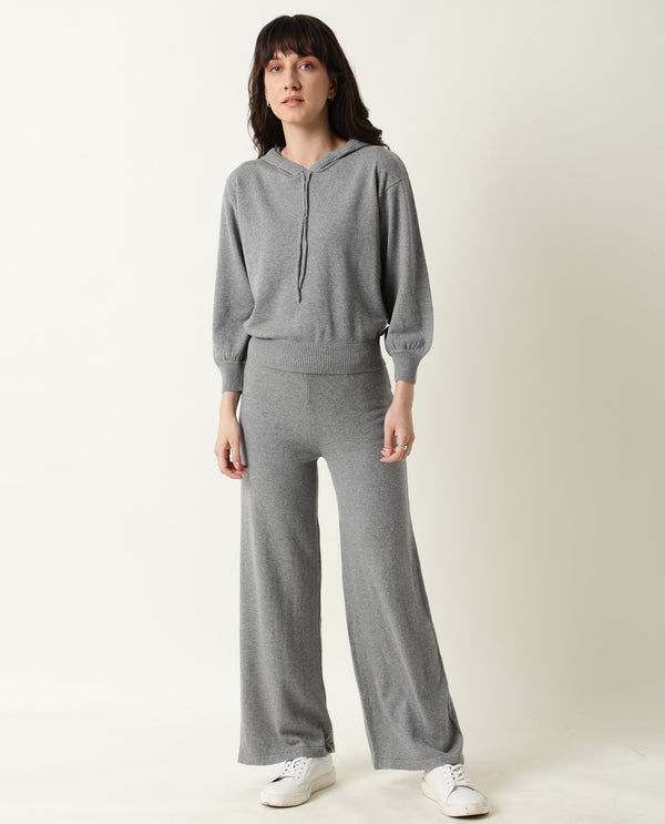 Rareism Women Finn Melange Grey Cotton Fabric Relaxed Fit Full Sleeves Solid Knee Length Hooded Track Suit
