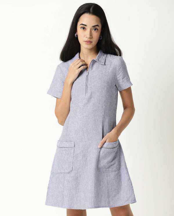 Rareism Women Luna Blue Striped Shirt Collar Short Sleeves With Front Zip Closure And Patch Pockets Mini Dress