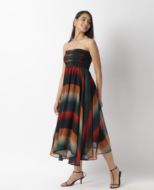 Rareism Women Talcom Multi Abstract Print Off Shoulder Smocking Detail At Chest Flared Midi Dress