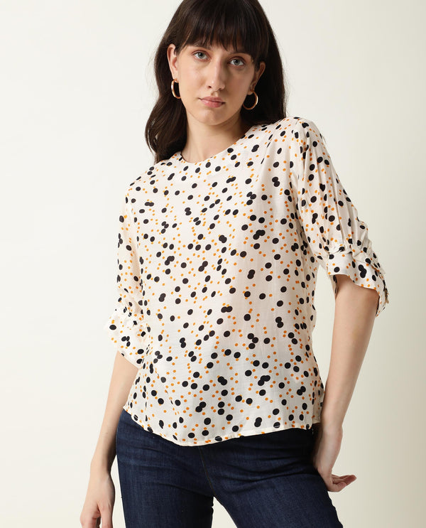Rareism Women Roy Orange Top Short Sleeves Printed