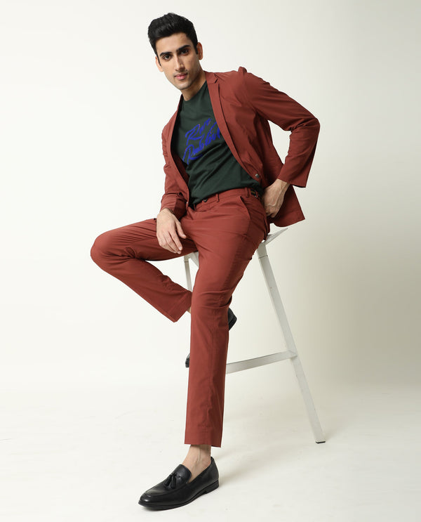 Rare Rabbit Men's Glak Dark Rust Viscose Polyester Fabric Button & Zip Closure Slim Fit Trouser
