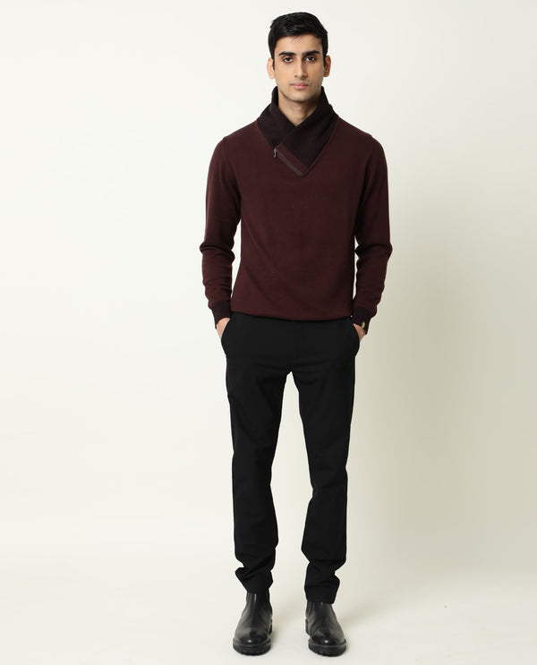 Rare Rabbit Men'S Denver Maroon Pullover Cotton Fabric Cowl Neck Full Sleeves Zipper Closure Slim Fit