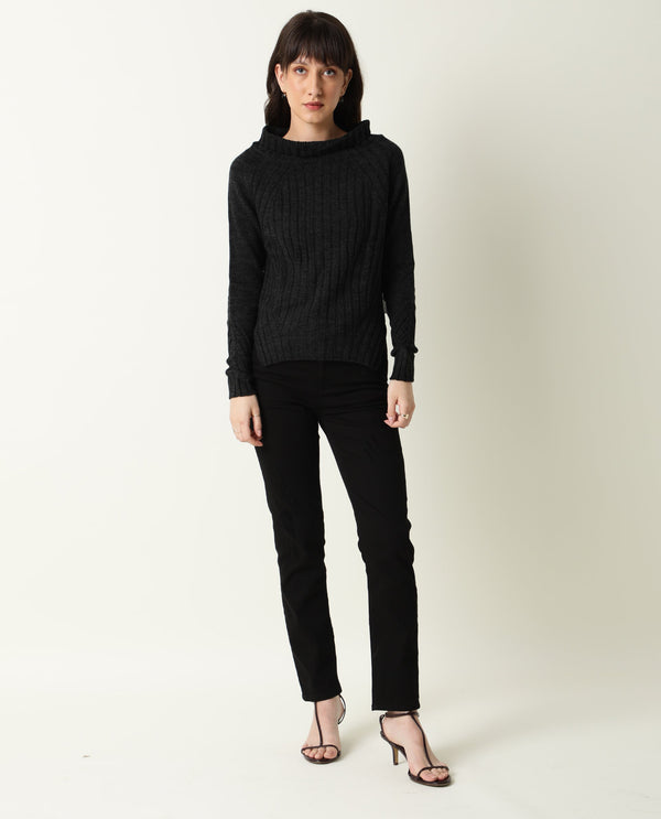 Rareism Women Halo Black Acrylic Fabric Full Sleeves Regular Fit Solid High Neck Sweater