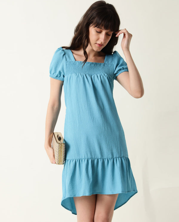 Rareism Women Empress Blue Smoked Square Neck Puff Sleeves With Fabric Waist Belt And Pockets High Low Dress