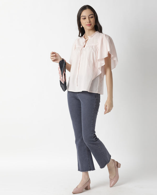 Rareism Women Zues Pink Cotton Fabric Relaxed Fit Tie-Up Neck Half Sleeves Solid Top