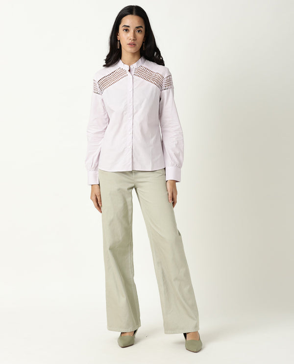 Rareism Women Zoom Pastel Purple Cotton Fabric Regular Fit Mandarin Collar Full Sleeves Solid Top