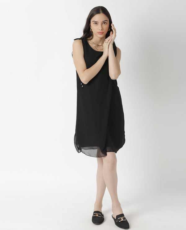 Rareism Womens Saabo Black Dress Polyester Fabric Regular Fit Sleeveless Round Neck