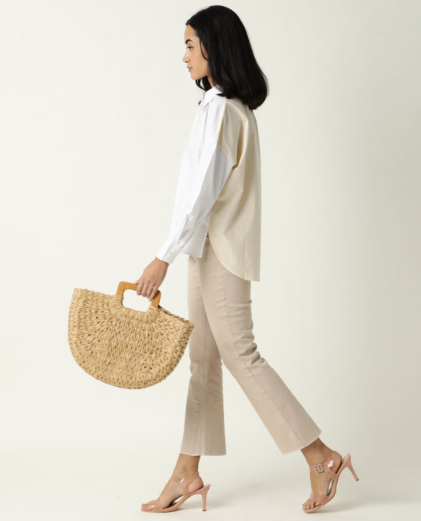 Rareism Women Nellore White Cotton Lycra Fabric Regular Fit Shirt Collar Full Sleeves Solid Top