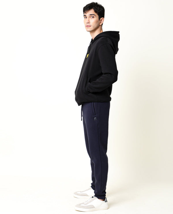 Rare Rabbit Men's Indo Black Cotton Polyester Fabric Full Sleeves Detachable Badge Hooded Sweatshirt