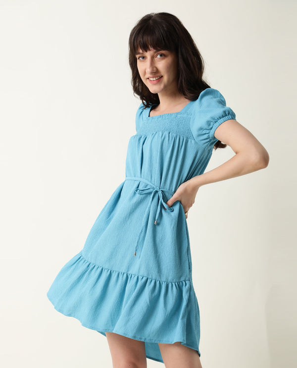 Rareism Women Empress Blue Smoked Square Neck Puff Sleeves With Fabric Waist Belt And Pockets High Low Dress