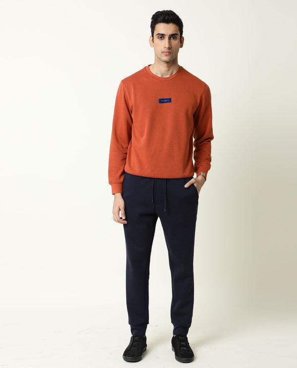 Rare Rabbit Men's Velveto Rust Cotton Polyester Fabric Full Sleeves Velvet Branding Knit Sweatshirt