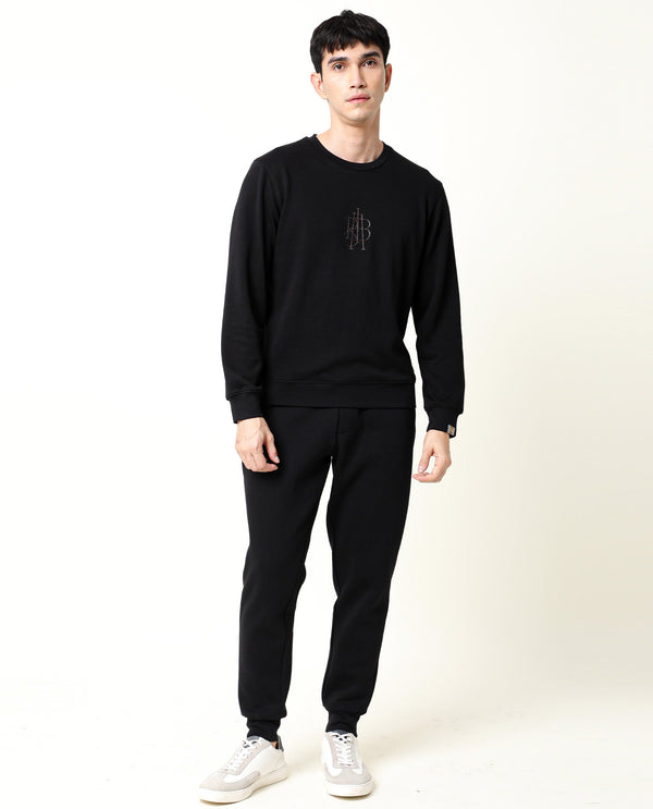 Rare Rabbit Men's Neor Black Cotton Polyester Fabric Full Sleeves Embroidered Branding Sweatshirt