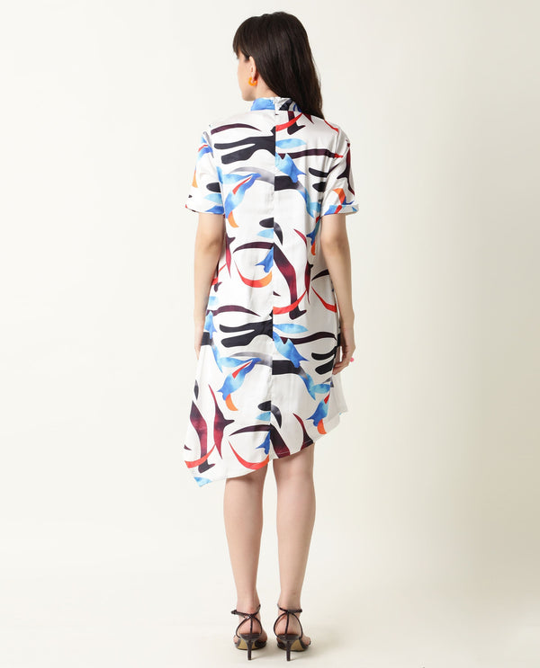Rareism Women Saler White Abstract Band Collar Short Sleeves With Pockets Asymmetric Knee Length Dress