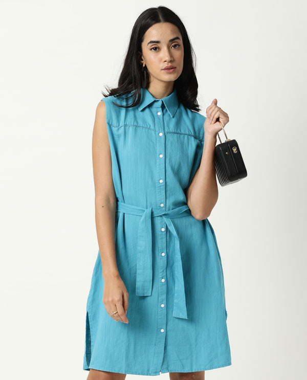 Rareism Women Zolaa Blue Shirt Collar Front Packet With Buttons Fabric Waist Belt And Side Slit Knee Length Dress