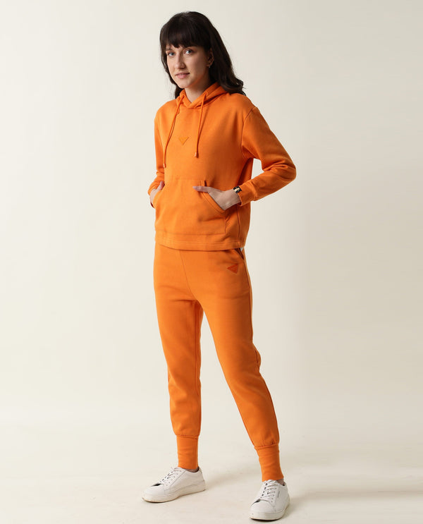 Rareism Women Wally-1 Orange Cotton Poly Fabric Relaxed Fit Full Sleeves Solid Hooded Sweatshirt