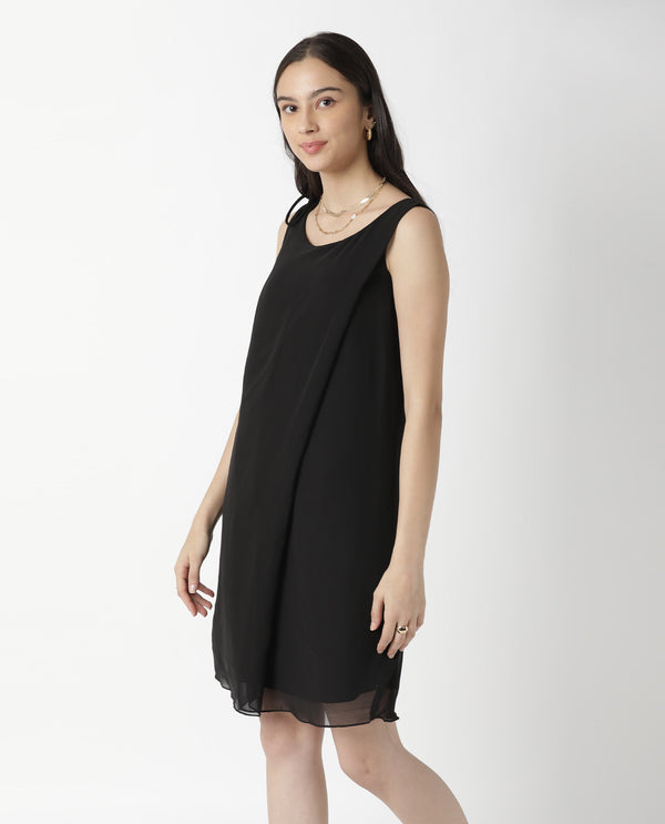 Rareism Womens Saabo Black Dress Polyester Fabric Regular Fit Sleeveless Round Neck
