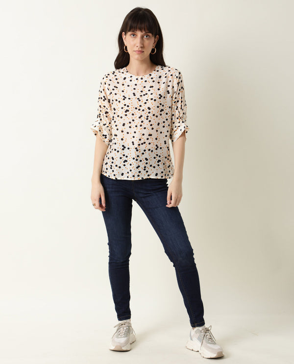 Rareism Women Roy Orange Top Short Sleeves Printed