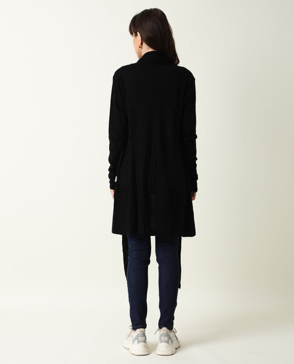 Rareism Women Flap Black Acrylic Fabric Full Sleeves Knee Length Regular Fit Solid Collarless Sweater