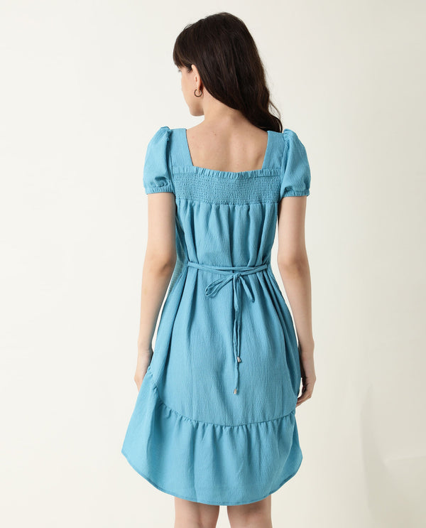 Rareism Women Empress Blue Smoked Square Neck Puff Sleeves With Fabric Waist Belt And Pockets High Low Dress