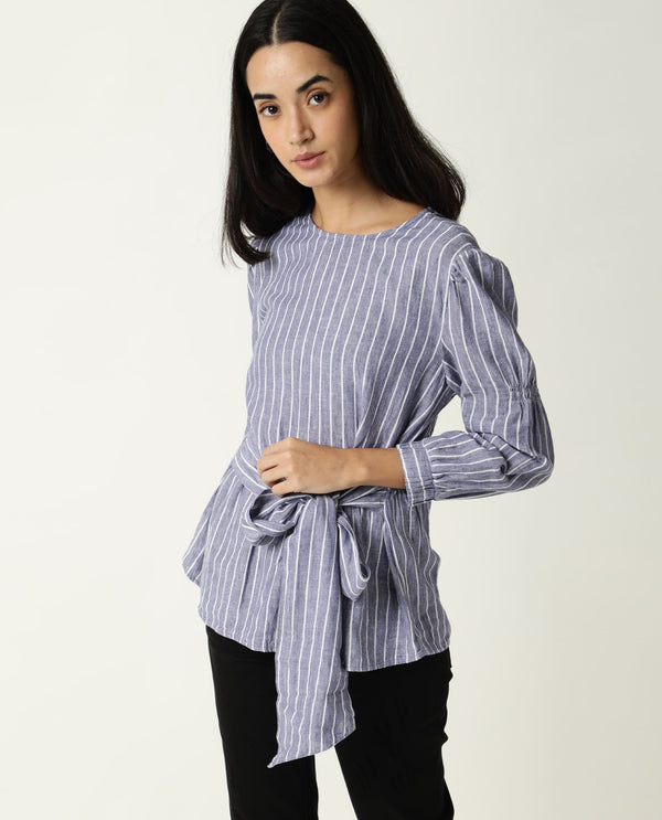 Rareism Womens Livia Blue Top Cotton Linen Fabric Regular Fit Volume Sleeve Round Neck