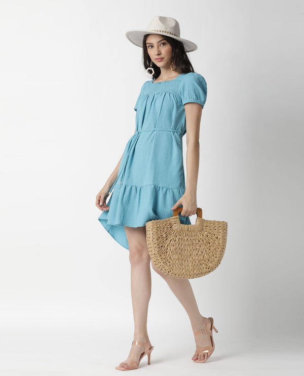 Rareism Women Empress Blue Smoked Square Neck Puff Sleeves With Fabric Waist Belt And Pockets High Low Dress