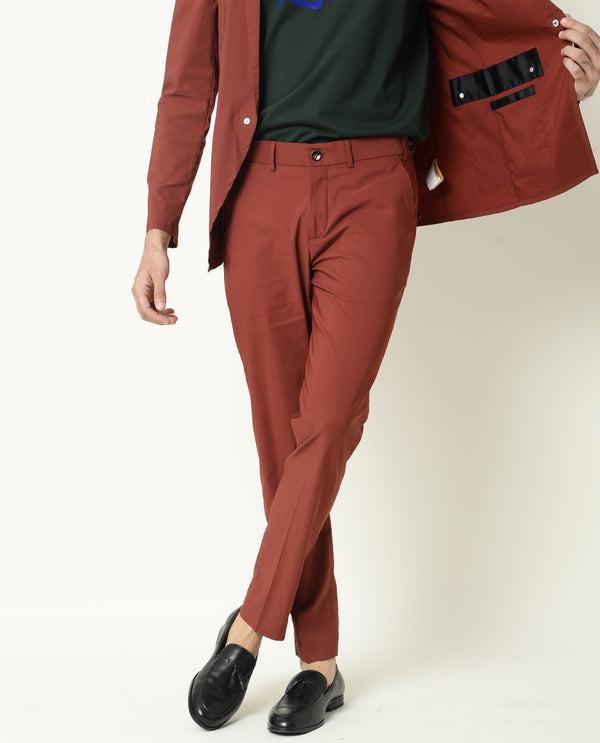 Rare Rabbit Men's Glak Dark Rust Viscose Polyester Fabric Button & Zip Closure Slim Fit Trouser