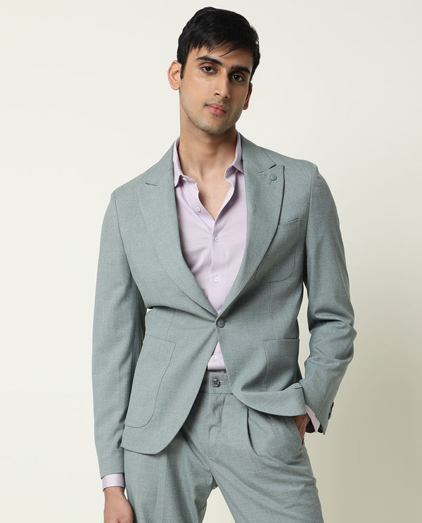 Rare Rabbit Men's Dexit Primary Green Polyester Viscose Fabric Peak Lapel Single Breasted Tailored Fit Textured Blazer
