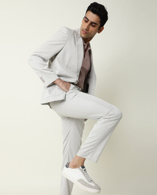 Rare Rabbit Men's Dexit Beige Polyester Viscose Fabric Peak Lapel Single Breasted Tailored Fit Textured Blazer