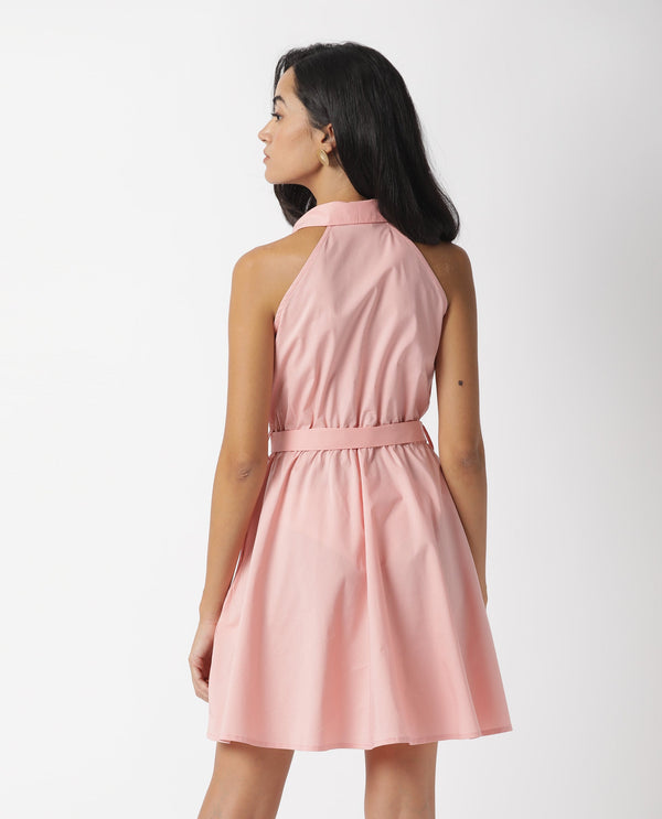 Rareism Women Bessie Peach Shirt Collar Sleeveless Fabric Waist Belt Mini Dress