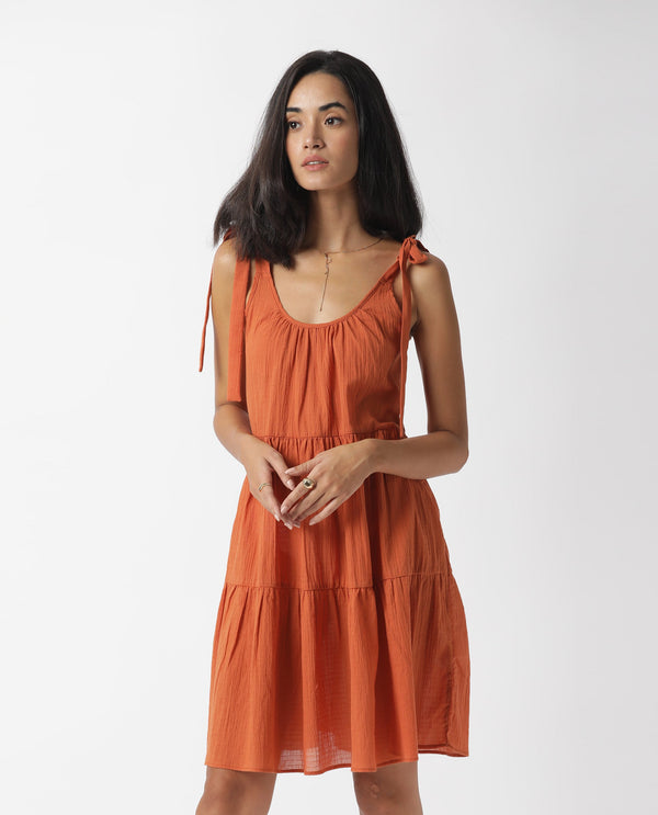 Rareism Women Melt Dark Rust Round Neck Tie Up Shoulder Straps Tiered Knee Length Dress
