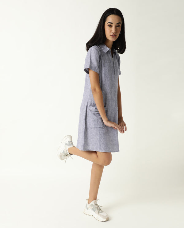 Rareism Women Luna Blue Striped Shirt Collar Short Sleeves With Front Zip Closure And Patch Pockets Mini Dress