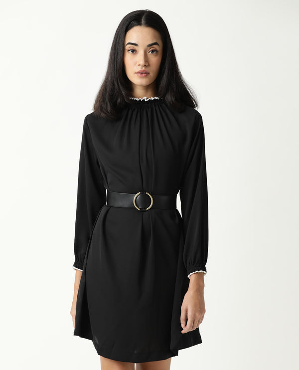 Rareism Women Spoke Black Ruffled Round Neck With Full Sleeves Back Button Closure Mini Dress