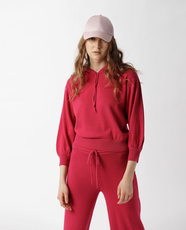 Rareism Women Finn Sweat Dark Pink Cotton Fabric Full Sleeves Relaxed Fit Solid Hooded Sweater