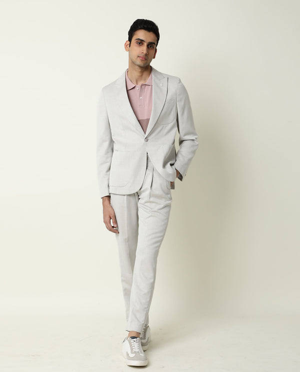 Rare Rabbit Men's Dexit Beige Polyester Viscose Fabric Peak Lapel Single Breasted Tailored Fit Textured Blazer