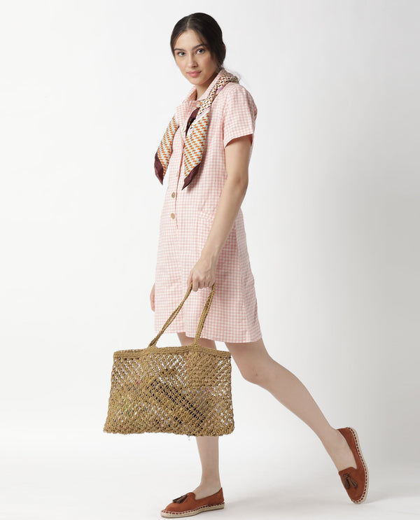 Rareism Women Welt Light Peach Cotton Linen Fabric Regular Fit Lapel Neck Checked Playsuit