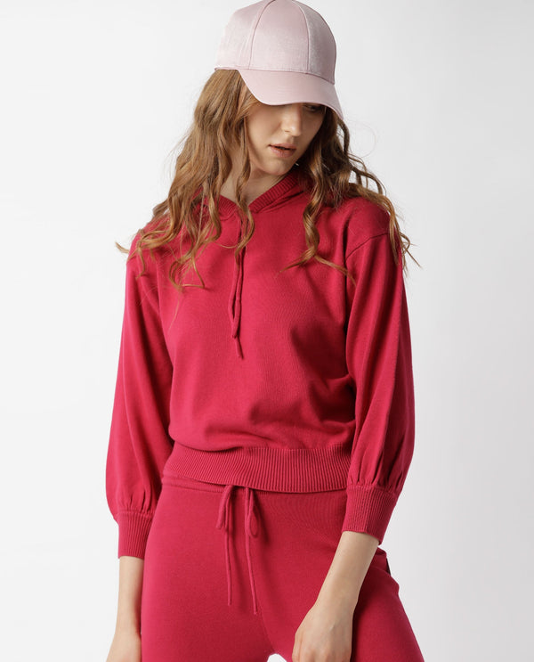 Rareism Women Finn Sweat Dark Pink Cotton Fabric Full Sleeves Relaxed Fit Solid Hooded Sweater