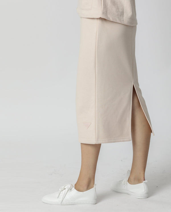 Rareism Women Fudge Beige Poly Cotton Fabric Tailored Fit High Rise Solid Midi Skirt