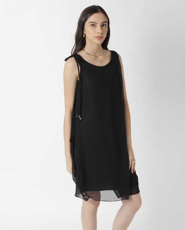 Rareism Womens Saabo Black Dress Polyester Fabric Regular Fit Sleeveless Round Neck